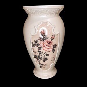 FTD Floral Porcelain Vase With Rose Design & Embossed Rim Ivory & Pink 8.5 Inche